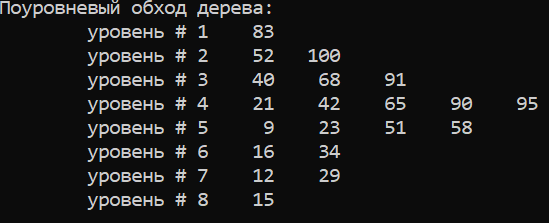 результаты работы программы для "ветвистого" двоичного дерева ( поиска )